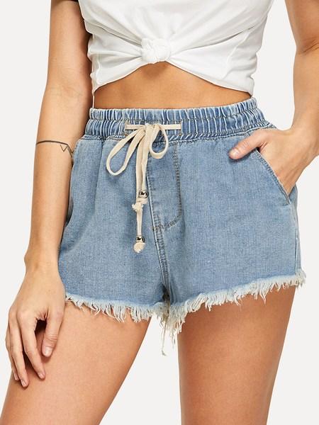 Shorts In Denim Con Bordi Sfrangiati In Vita Con Coulisse