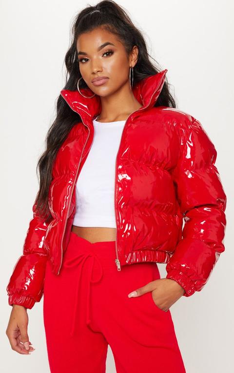 Red Cropped Vinyl Puffer, Red