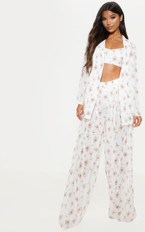 White Chiffon Floral Print High Waisted Straight Leg Trouser, White