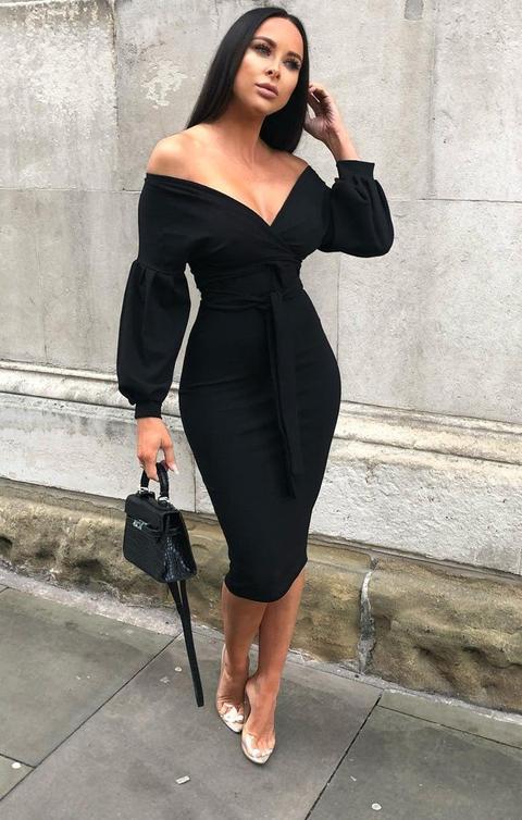 Black Belted Bodycon Midi Wrap Dress - Angelica