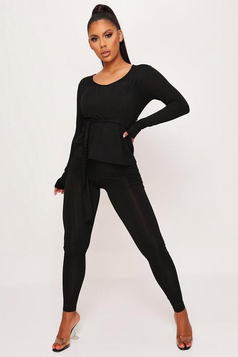 Black Tie Waist Wide Rib Loungewear Set