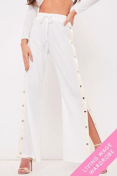 Megan Mckenna White Satin Side Popper Trousers