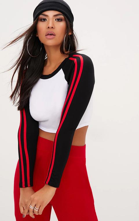 White Jersey Stripe Sleeve Contrast Top, White