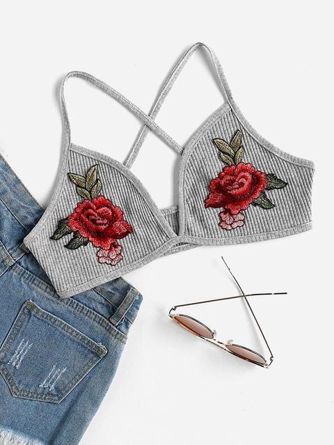 Embroidered Rose Applique Criss Cross Bralet