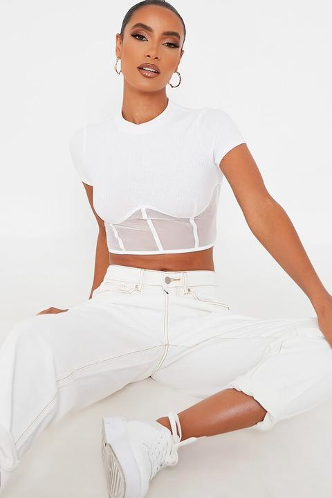 White Corset Detail Mesh Crop Top , White