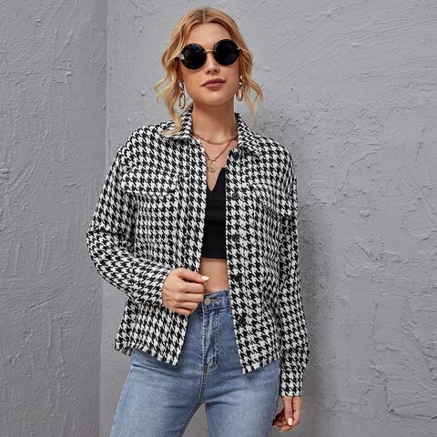 Button Front Patch Pocket Houndstooth Jacket