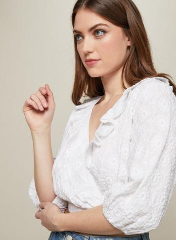 Womens White Embroidered Half Sleeve Crop Blouse, White