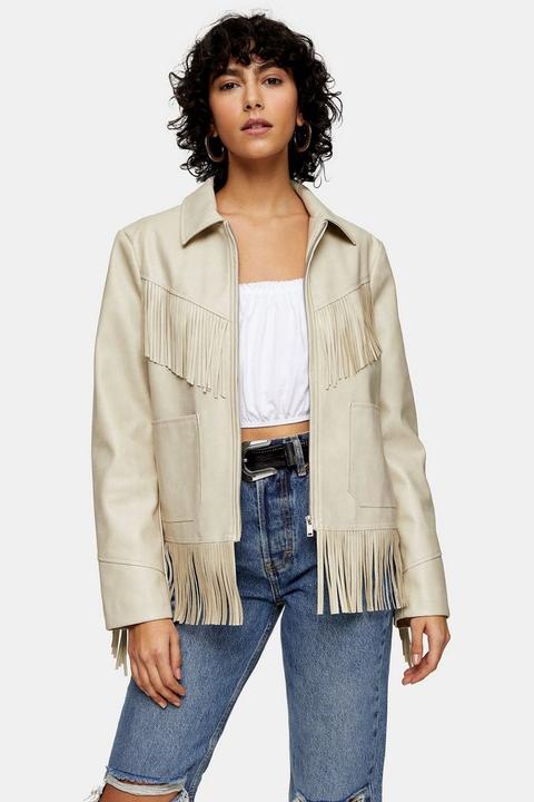 Ecru Faux Leather Fringe Jacket