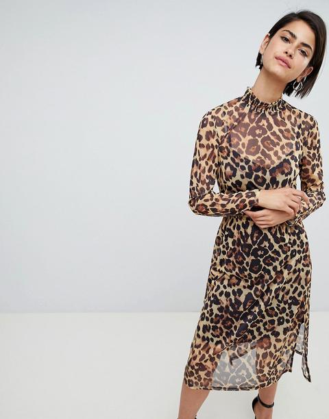 Asos Design - Vestito Midi A Rete Con Stampa Maculata E Arricciature - Multicolore