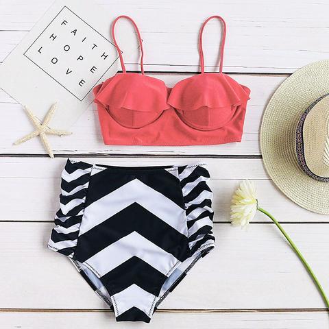 Chevron Stampa Ruffle Design A Vita Alta Bikini