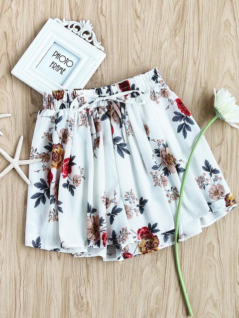 Floral Print Random Drawstring Shirred Waist Skort