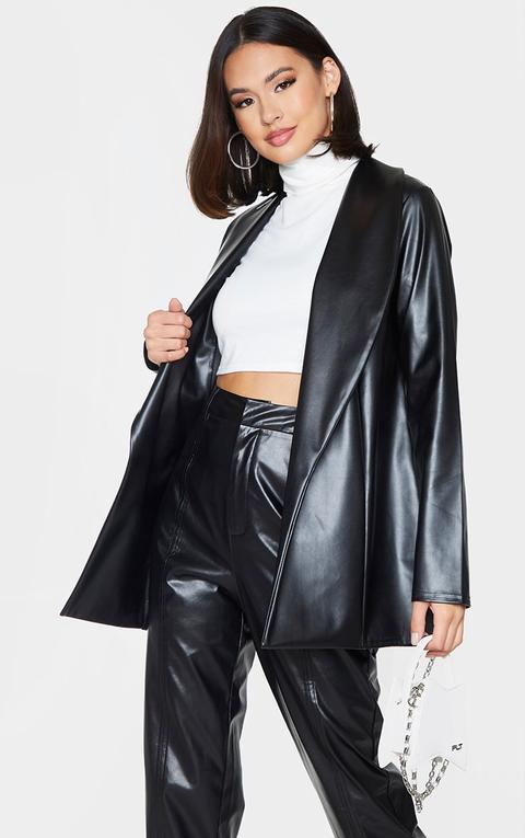 Black Drop Collar Faux Leather Blazer