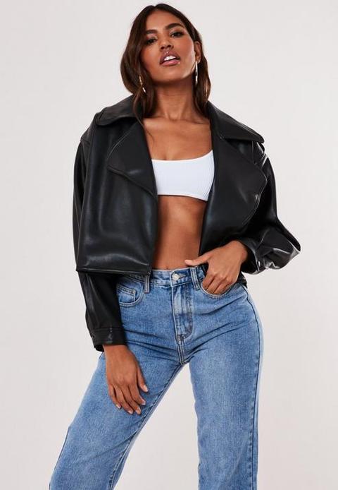 Black Faux Leather Oversized Crop Biker Jacket, Black from Missguided on 21  Buttons