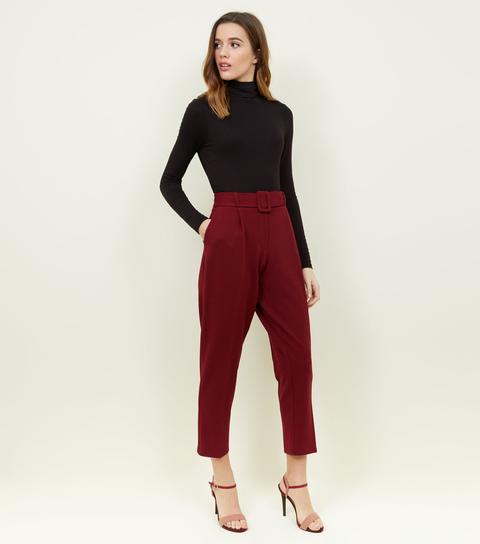 Burgundy Belted Twill Slim Leg Trousers 