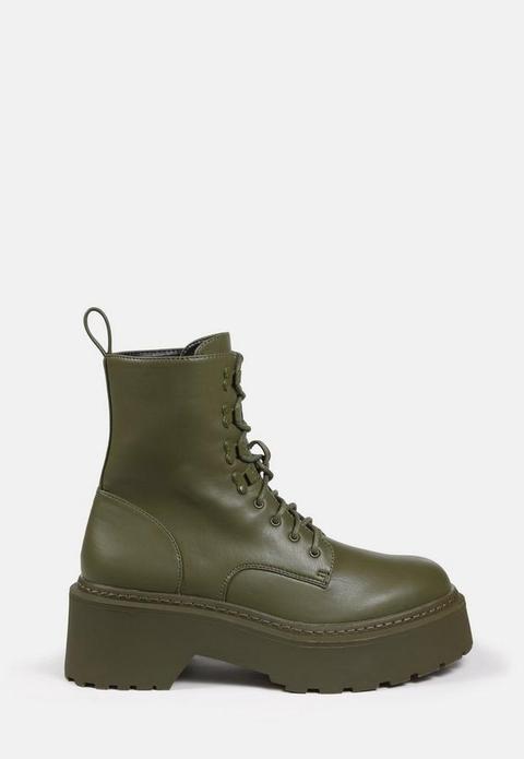 Khaki Lace Up Chunky Sole Ankle Boots, Kahki