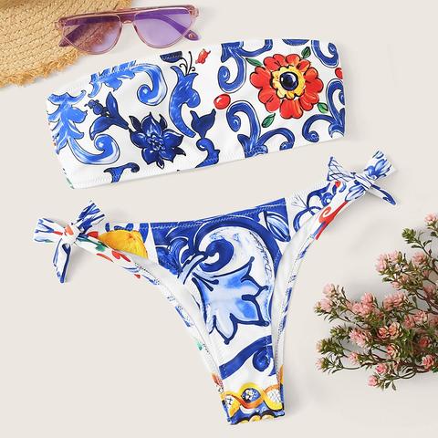 Bikini Bandana Con Motivo Floreale E Pizzo