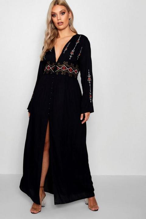 Plus Embroidered Plunge Maxi Dress