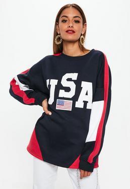 Marineblau Color Block Sweatshirt Mit Usa-grafik