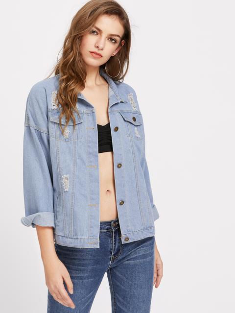 Roll Cuff Destroyed Boyfriend Denim Jacket