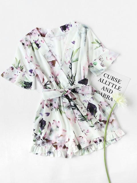 Floral Print Random Wrap Chiffon Romper With Belt