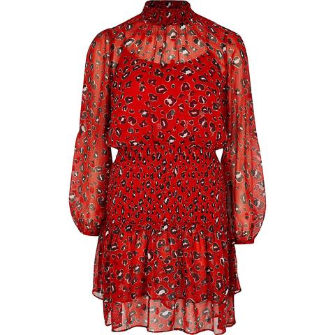 red leopard print tiered frill hem dress