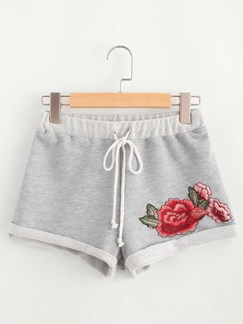 Pantaloncini Con Toppa Di Rosa Ricamata