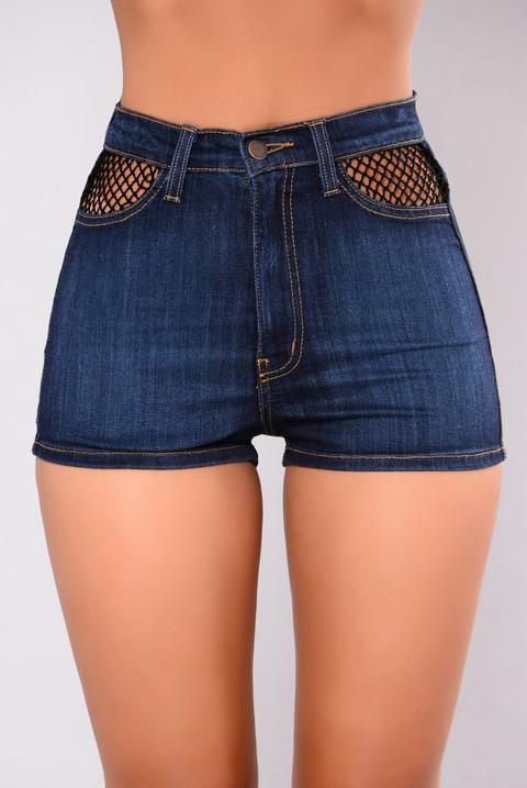 Halia Fishnet Denim Shorts - Dark Blue