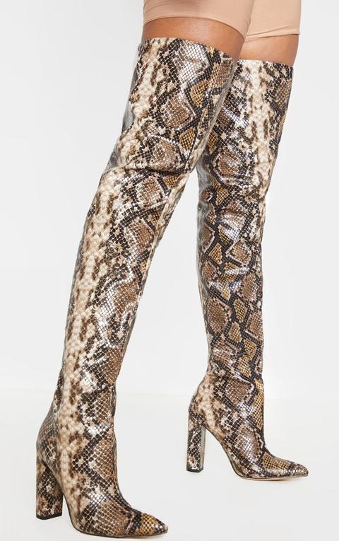 Snake Thigh High Point Block Heel Boot