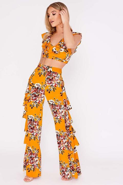 Mustard Trousers - Billie Faiers Mustard Floral Frill Side Palazzo Trousers