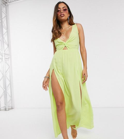 Asos Design Petite Tie Back Beach Maxi Dress With Twist Front Detail In Lime-green