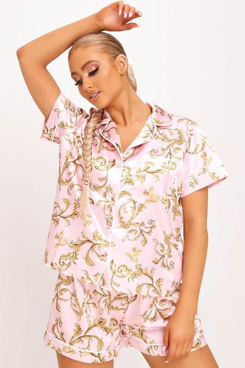 Baby Pink Scarf Print Short Sleeve Satin Piped Pyjama Set , Pink