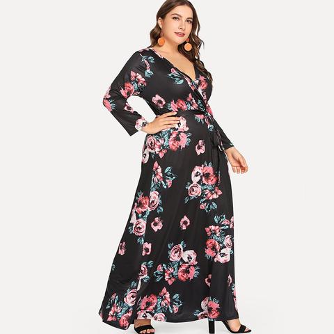Vestido Cruzado De Manga Larga Con Estampado Floral De Talla Grande