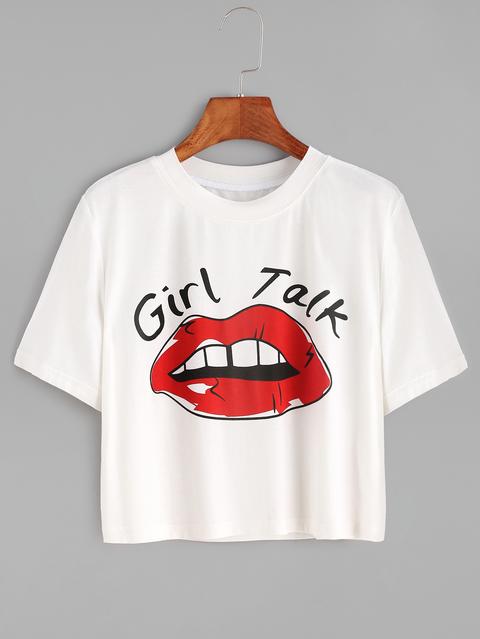 Camiseta Corta Con Estampado De Labio Rojo - Blanco