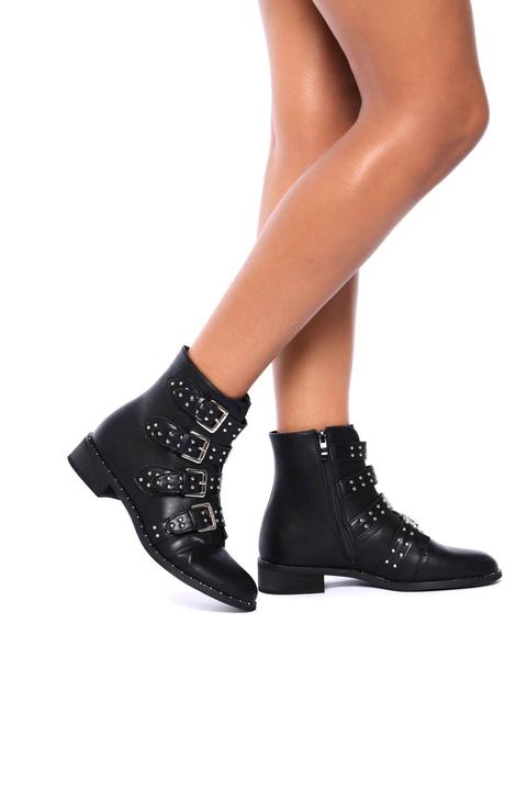Black Buckle Flat Boots