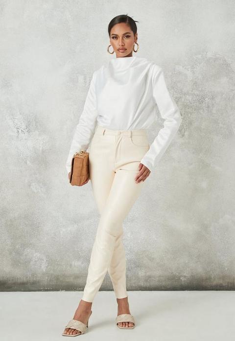 Ivory Faux Leather Pocket Trousers, Cream