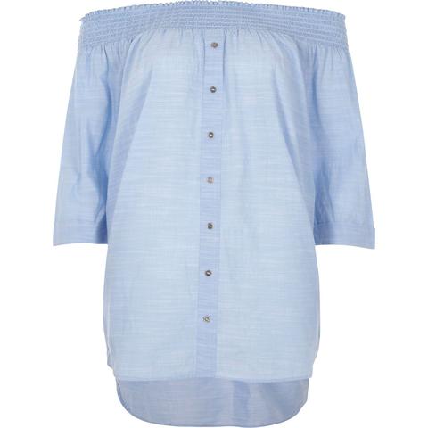 Light Blue Shirred Bardot Button Front Top