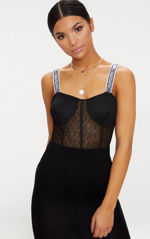 Prettylittlething Black Dobby Mesh Thong Bodysuit