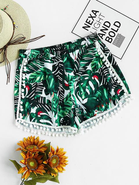 Shorts Con Estampado Y Ribete De Pompones