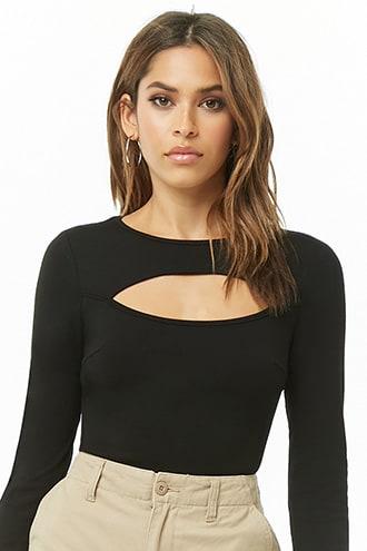 Forever 21 Cutout Long-sleeve Bodysuit Black