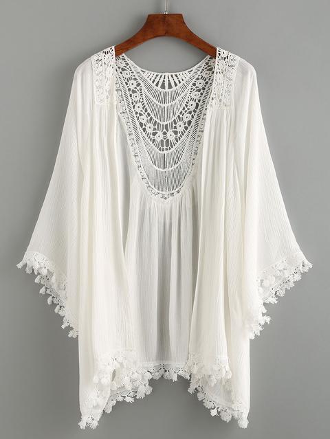 Kimono Ribete De Encaje Crochet -blanco