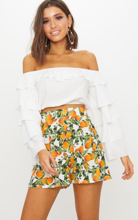 White Fruit Print Floaty Crepe Shorts