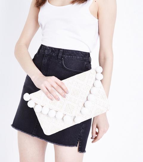 White And Gold Pom Pom Trim Envelope Clutch New Look