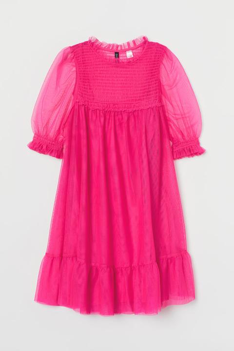 Vestido Fruncido De Malla - Rosa