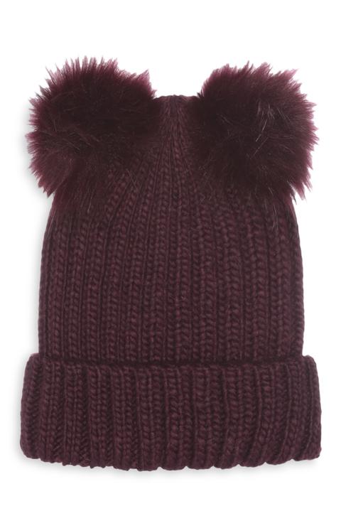 Gorro Burdeos Con Dos Pompones