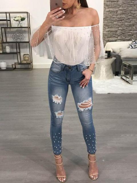 Shiny Embellished Ripped Skinny Pencil Jeans