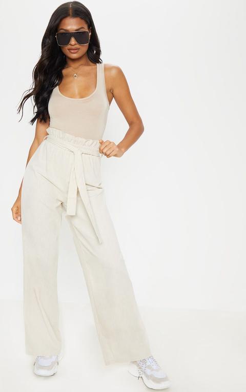 Stone Paperbag Waist Flare Linen Mix Trouser, White