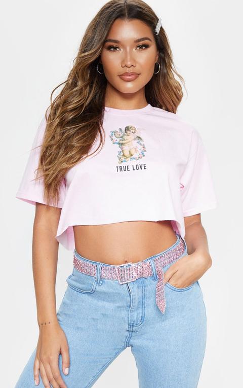 Baby Pink True Love Slogan Crop T Shirt, Pink