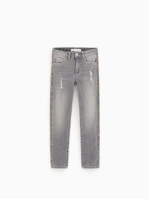 Jeans Slim Fit Striscia Con Strass