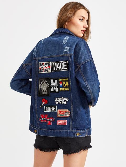 Badge Detail Back Contrast Check Trim Denim Jacket