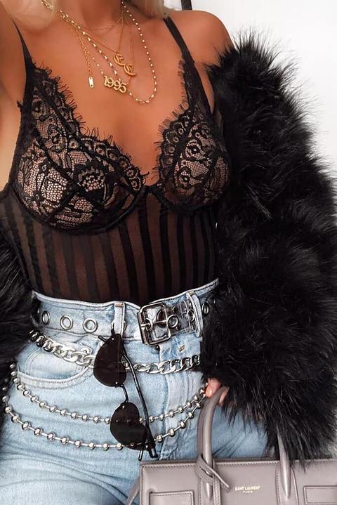 Black Striped Lace Bodysuit